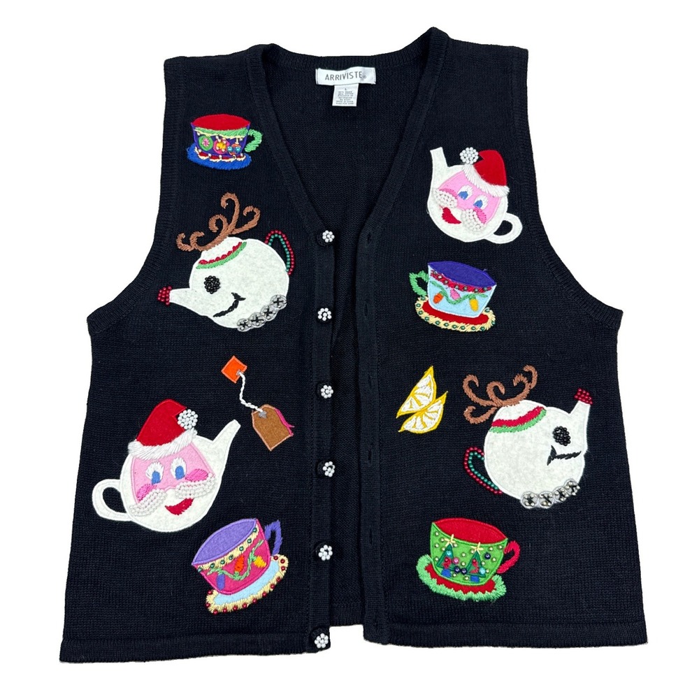 Arriviste Sweater Vest Women's L Embroidered Beaded Teacups Ugly Christmas Santa